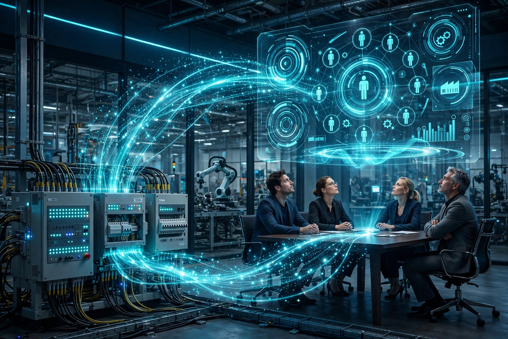 Equipo industrial colaborando con tecnología conectada